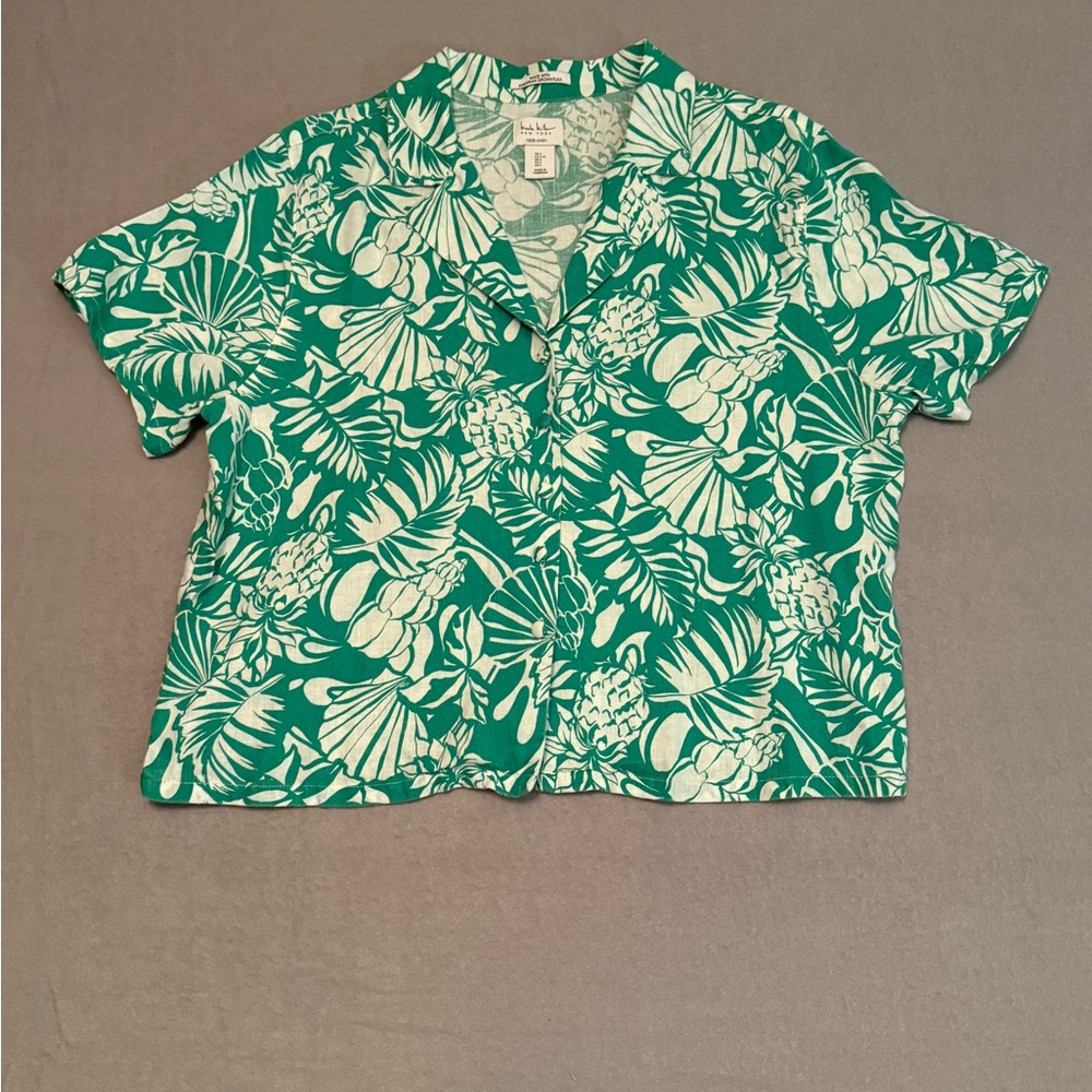 NICOLE MILLER 100% Linen Tropical Cropped Hawaiian Party Shirt Green Est Size L